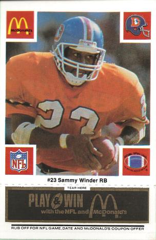 1986 McDonald's Denver Broncos - Full Game Pieces - Week 2 Black/Gray Tab #NNO Sammy Winder Front