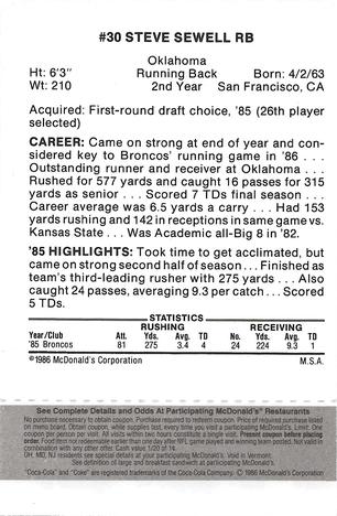 1986 McDonald's Denver Broncos - Full Game Pieces - Week 2 Black/Gray Tab #NNO Steve Sewell Back
