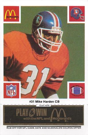 1986 McDonald's Denver Broncos - Full Game Pieces - Week 2 Black/Gray Tab #NNO Mike Harden Front