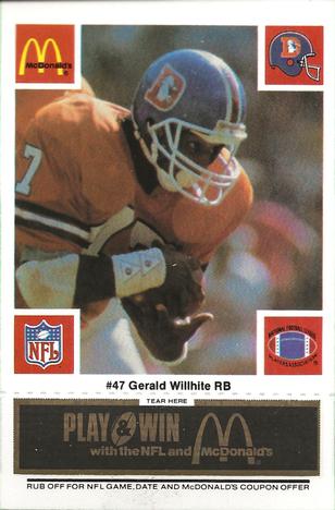 1986 McDonald's Denver Broncos - Full Game Pieces - Week 2 Black/Gray Tab #NNO Gerald Willhite Front