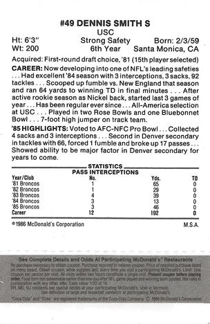 1986 McDonald's Denver Broncos - Full Game Pieces - Week 2 Black/Gray Tab #NNO Dennis Smith Back