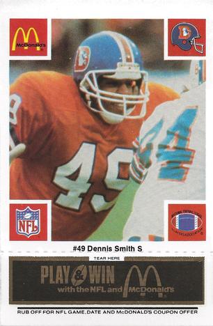 1986 McDonald's Denver Broncos - Full Game Pieces - Week 2 Black/Gray Tab #NNO Dennis Smith Front