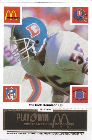 1986 McDonald's Denver Broncos - Full Game Pieces - Week 2 Black/Gray Tab #NNO Rick Dennison Front