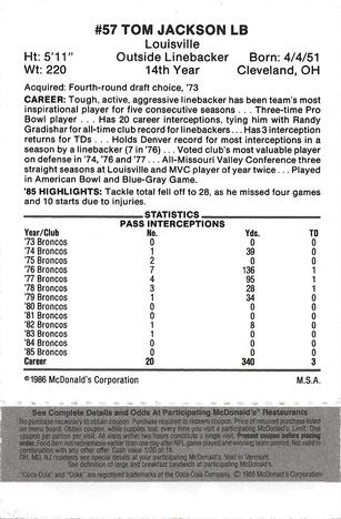 1986 McDonald's Denver Broncos - Full Game Pieces - Week 2 Black/Gray Tab #NNO Tom Jackson Back