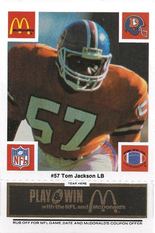 1986 McDonald's Denver Broncos - Full Game Pieces - Week 2 Black/Gray Tab #NNO Tom Jackson Front