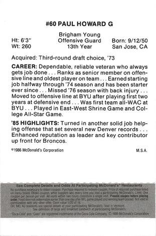1986 McDonald's Denver Broncos - Full Game Pieces - Week 2 Black/Gray Tab #NNO Paul Howard Back