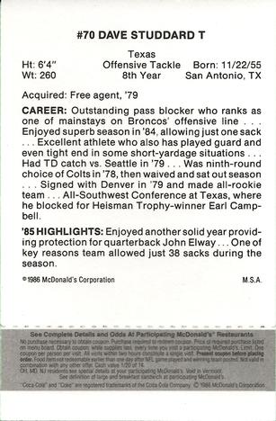 1986 McDonald's Denver Broncos - Full Game Pieces - Week 2 Black/Gray Tab #NNO Dave Studdard Back