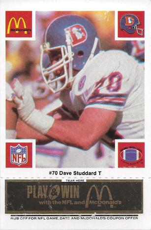 1986 McDonald's Denver Broncos - Full Game Pieces - Week 2 Black/Gray Tab #NNO Dave Studdard Front