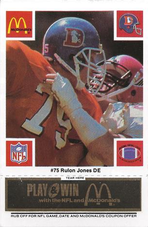 1986 McDonald's Denver Broncos - Full Game Pieces - Week 2 Black/Gray Tab #NNO Rulon Jones Front