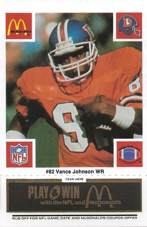 1986 McDonald's Denver Broncos - Full Game Pieces - Week 2 Black/Gray Tab #NNO Vance Johnson Front