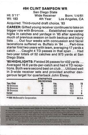 1986 McDonald's Denver Broncos - Full Game Pieces - Week 2 Black/Gray Tab #NNO Clint Sampson Back