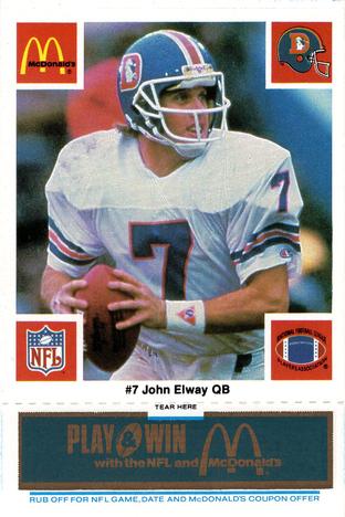 1986 McDonald's Denver Broncos - Full Game Pieces - Week 1 Blue Tab #NNO John Elway Front