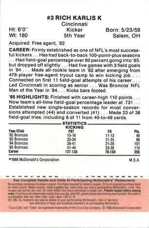 1986 McDonald's Denver Broncos - Full Game Pieces - Week 3 Gold/Orange Tab #NNO Rich Karlis Back