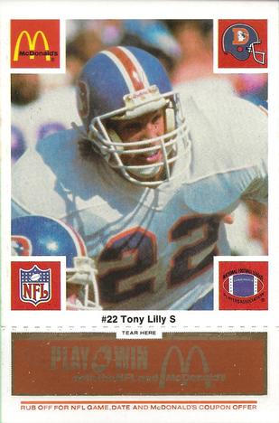 1986 McDonald's Denver Broncos - Full Game Pieces - Week 3 Gold/Orange Tab #NNO Tony Lilly Front