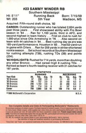 1986 McDonald's Denver Broncos - Full Game Pieces - Week 3 Gold/Orange Tab #NNO Sammy Winder Back