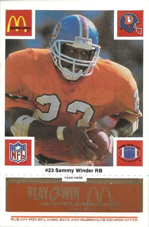1986 McDonald's Denver Broncos - Full Game Pieces - Week 3 Gold/Orange Tab #NNO Sammy Winder Front