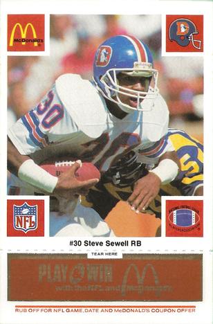 1986 McDonald's Denver Broncos - Full Game Pieces - Week 3 Gold/Orange Tab #NNO Steve Sewell Front