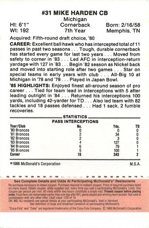 1986 McDonald's Denver Broncos - Full Game Pieces - Week 3 Gold/Orange Tab #NNO Mike Harden Back