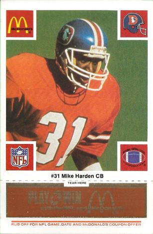 1986 McDonald's Denver Broncos - Full Game Pieces - Week 3 Gold/Orange Tab #NNO Mike Harden Front