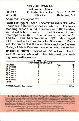 1986 McDonald's Denver Broncos - Full Game Pieces - Week 3 Gold/Orange Tab #NNO Jim Ryan Back