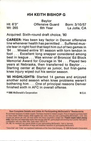 1986 McDonald's Denver Broncos - Full Game Pieces - Week 3 Gold/Orange Tab #NNO Keith Bishop Back