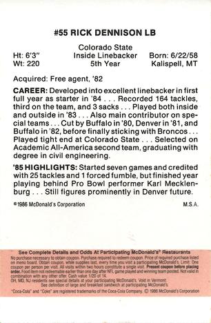 1986 McDonald's Denver Broncos - Full Game Pieces - Week 3 Gold/Orange Tab #NNO Rick Dennison Back