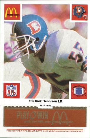 1986 McDonald's Denver Broncos - Full Game Pieces - Week 3 Gold/Orange Tab #NNO Rick Dennison Front