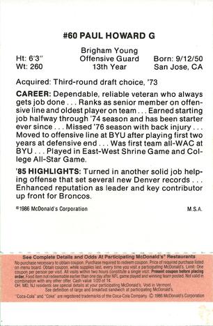 1986 McDonald's Denver Broncos - Full Game Pieces - Week 3 Gold/Orange Tab #NNO Paul Howard Back