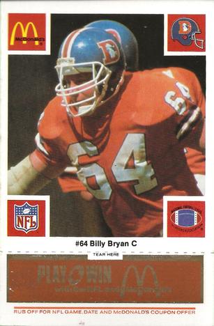 1986 McDonald's Denver Broncos - Full Game Pieces - Week 3 Gold/Orange Tab #NNO Bill Bryan Front