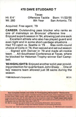 1986 McDonald's Denver Broncos - Full Game Pieces - Week 3 Gold/Orange Tab #NNO Dave Studdard Back