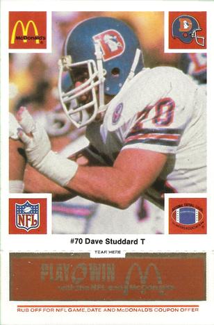 1986 McDonald's Denver Broncos - Full Game Pieces - Week 3 Gold/Orange Tab #NNO Dave Studdard Front