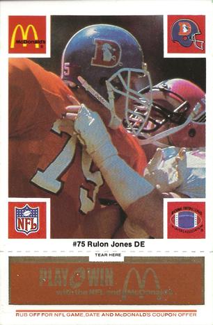 1986 McDonald's Denver Broncos - Full Game Pieces - Week 3 Gold/Orange Tab #NNO Rulon Jones Front