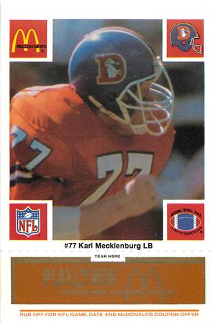 1986 McDonald's Denver Broncos - Full Game Pieces - Week 3 Gold/Orange Tab #NNO Karl Mecklenburg Front