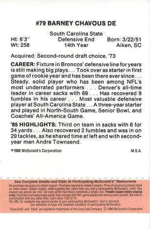 1986 McDonald's Denver Broncos - Full Game Pieces - Week 3 Gold/Orange Tab #NNO Barney Chavous Back
