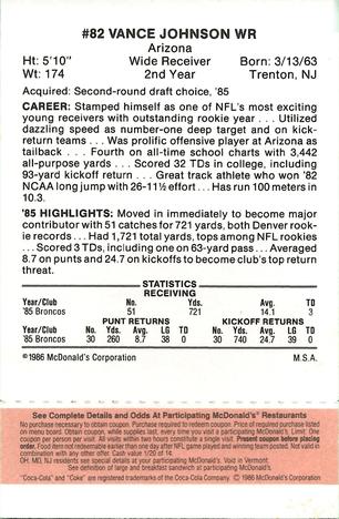 1986 McDonald's Denver Broncos - Full Game Pieces - Week 3 Gold/Orange Tab #NNO Vance Johnson Back
