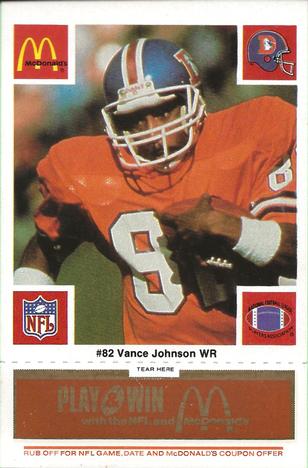 1986 McDonald's Denver Broncos - Full Game Pieces - Week 3 Gold/Orange Tab #NNO Vance Johnson Front