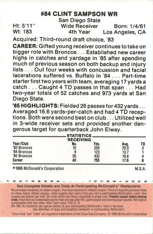 1986 McDonald's Denver Broncos - Full Game Pieces - Week 3 Gold/Orange Tab #NNO Clint Sampson Back