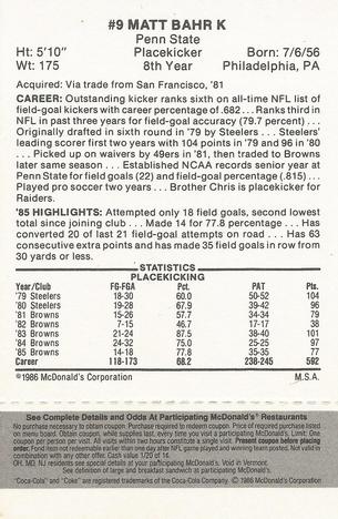1986 McDonald's Cleveland Browns - Full Game Pieces - Week 2 Black/Gray Tab #NNO Matt Bahr Back