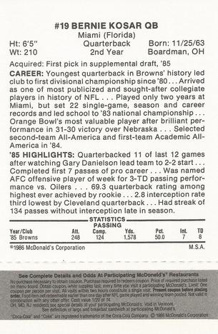 1986 McDonald's Cleveland Browns - Full Game Pieces - Week 2 Black/Gray Tab #NNO Bernie Kosar Back