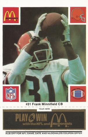 1986 McDonald's Cleveland Browns - Full Game Pieces - Week 2 Black/Gray Tab #NNO Frank Minnifield Front