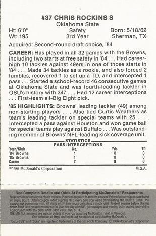1986 McDonald's Cleveland Browns - Full Game Pieces - Week 2 Black/Gray Tab #NNO Chris Rockins Back