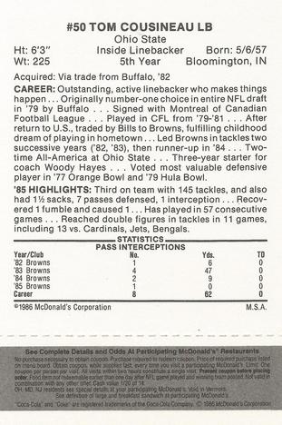 1986 McDonald's Cleveland Browns - Full Game Pieces - Week 2 Black/Gray Tab #NNO Tom Cousineau Back