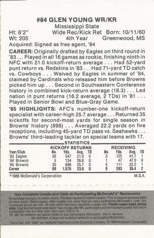 1986 McDonald's Cleveland Browns - Full Game Pieces - Week 2 Black/Gray Tab #NNO Glen Young Back
