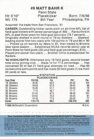1986 McDonald's Cleveland Browns - Full Game Pieces - Week 1 Blue Tab #NNO Matt Bahr Back