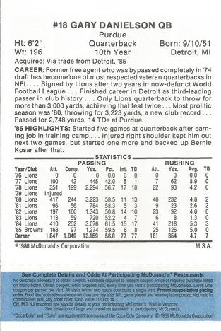 1986 McDonald's Cleveland Browns - Full Game Pieces - Week 1 Blue Tab #NNO Gary Danielson Back