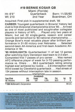 1986 McDonald's Cleveland Browns - Full Game Pieces - Week 1 Blue Tab #NNO Bernie Kosar Back