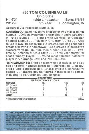 1986 McDonald's Cleveland Browns - Full Game Pieces - Week 1 Blue Tab #NNO Tom Cousineau Back