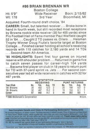 1986 McDonald's Cleveland Browns - Full Game Pieces - Week 1 Blue Tab #NNO Brian Brennan Back