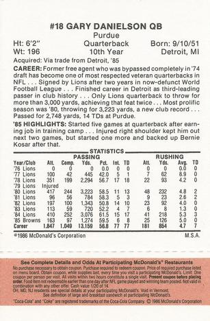 1986 McDonald's Cleveland Browns - Full Game Pieces - Week 3 Gold/Orange Tab #NNO Gary Danielson Back