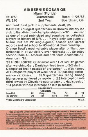 1986 McDonald's Cleveland Browns - Full Game Pieces - Week 3 Gold/Orange Tab #NNO Bernie Kosar Back